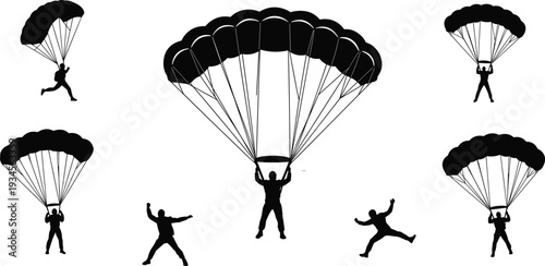 Parachutist silhouette collection, skydiving poses, parachute jumping illustrations, extreme sports graphics, aerial acrobatics set, high altitude adventure, freefall vector design, canopy landing