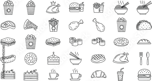 Fast Food and Snack Outline Icon Set Featuring Burger Pizza Fried Chicken Popcorn Coffee Sandwich and Dessert Symbols in Minimal Editable Stroke Vector Illustration Collection
