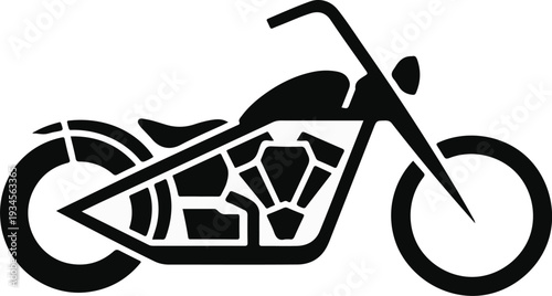 Stylized black silhouette of a powerful cruiser motorcycle depicted from the side view on a white background