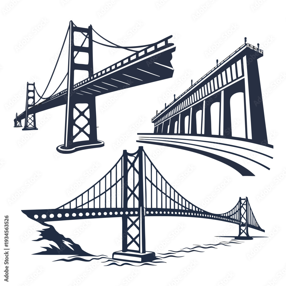Fototapeta premium Three iconic bridge designs in a single illustration