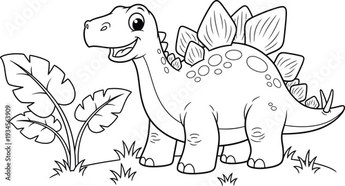 Cute dinosaur illustration vector, cartoon stegosaurus with plants and grass, for kids design
