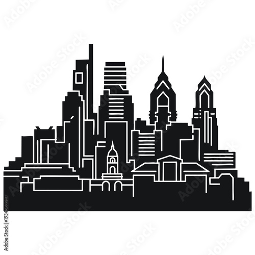A vector illustration of the Philadelphia skyline in black and white, showcasing various buildings and skyscrapers. Perfect for graphic resources, presentations, and travel guides.