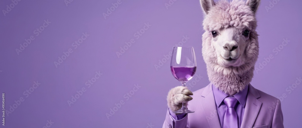 Fototapeta premium Stylish Alpaca Toasting with Wine Elegant Purple Setting