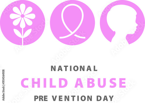 National child abuse prevention day banner with pink icons of flower ribbon and child profile