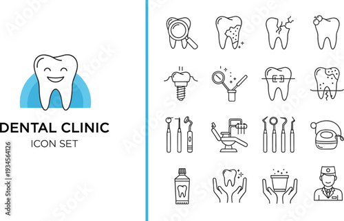 Dental Clinic Icon Set, Stomatology and Oral Hygiene Symbols, Tooth Health, Braces, Implants, Dental Tools and Professional Dentist Character, CAD Drawing Flat Vector Illustration