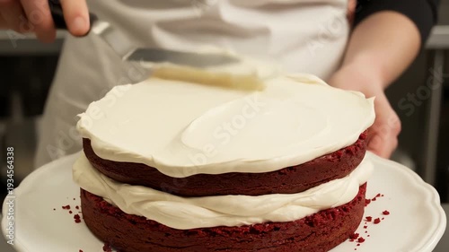 Chef applying cream frosting to layered cake close up food photography