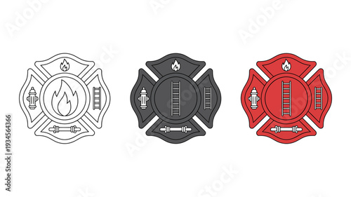 Firefighter Maltese cross icons in line gray and red colors  emergency service symbols