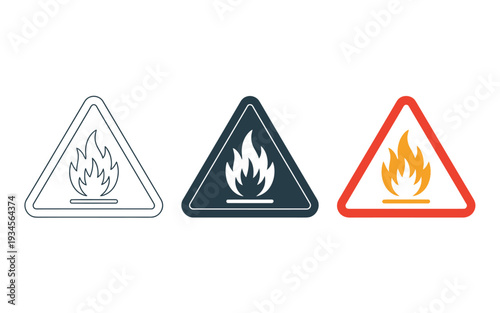 Flammable warning signs with fire icons in different colors and styles