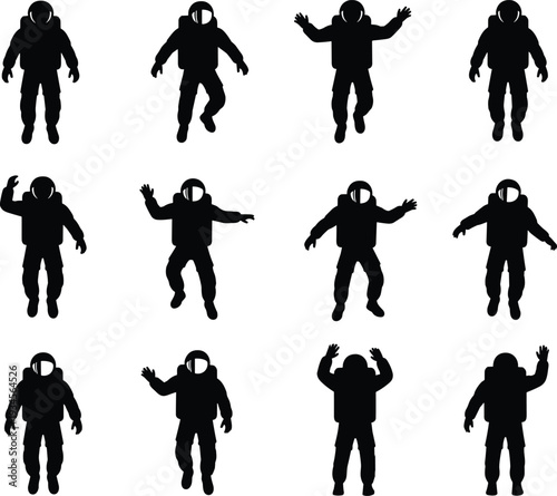 Astronaut silhouettes, space exploration, cosmic poses, astronaut figures, space suit design, cosmic illustration, science fiction, galaxy theme, futuristic concept, vector art