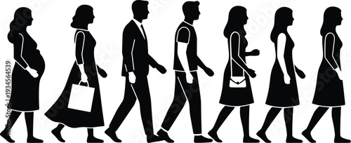 Diverse silhouettes of people walking, pregnant woman, business professional, casual attire, shopping bag, handbag, daily life, diversity, progression, movement