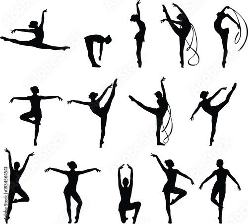 Dance silhouettes, dancer poses, rhythmic movement, gymnastics ribbons, expressive posture, physical activity, performing arts, graceful motion, choreography concept, vector illustration