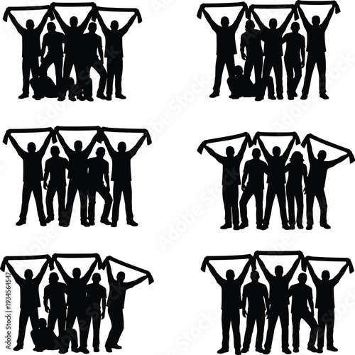 Group silhouettes, teamwork concept, unity illustration, people holding banner, collective action, community design, social cooperation, protest symbol, vector art, human figures