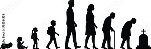 Human life cycle stages silhouette illustration, aging process from baby to elderly death concept black vector isolated on white background