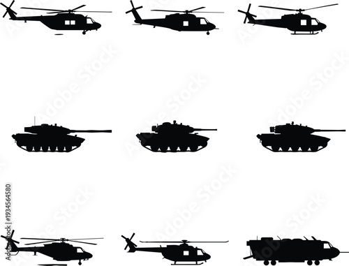 Military vehicle silhouettes, helicopters, tanks, transport truck, army equipment, defense illustration, war machines, combat vehicles, aviation, armored forces artwork