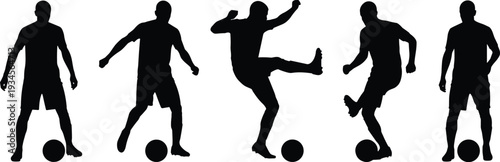 Soccer player silhouettes, football poses, ball control, kicking action, athletic movement, sports illustration, dynamic motion, physical activity, training concept, vector design