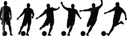 Soccer player silhouette sequence, football athlete kicking ball isolated on white background, dynamic sports motion action illustration concept