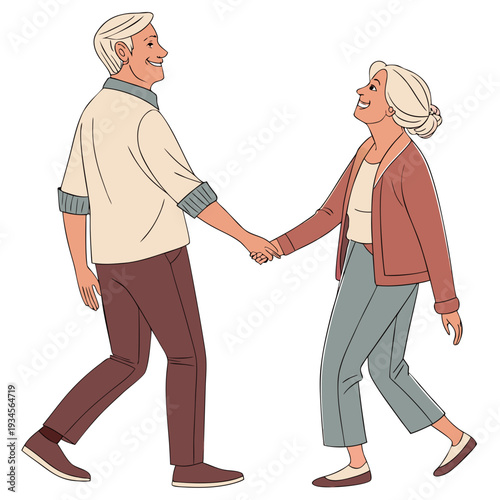Elderly couple walking and holding hands