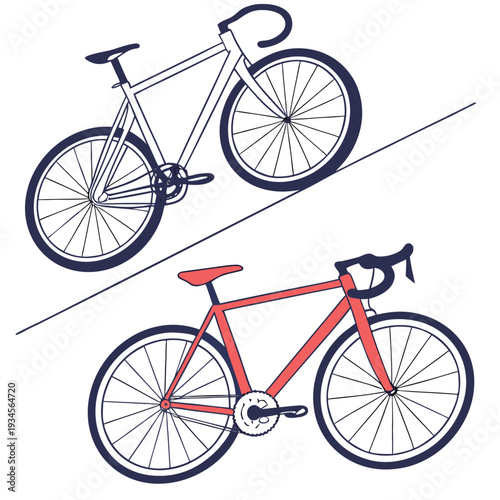 Two bicycles one red and one blue on white background