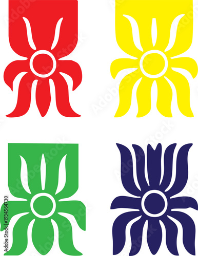 Vibrant set of colorful floral vector icons and nature ornaments featuring summer sun shapes and spring leaf designs for a decorative plant symbol pattern