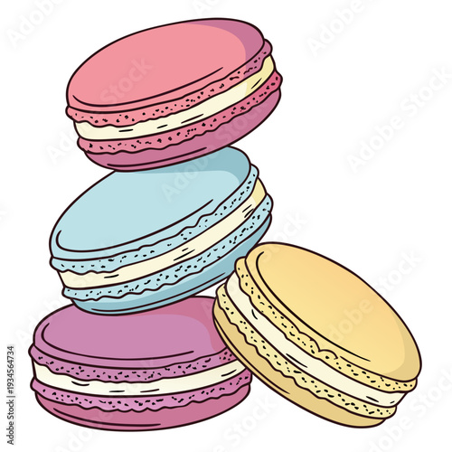 A stack of colorful macarons on a white background