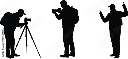 Photographer silhouette set, camera operator vector illustration, tripod setup, travel photography, creative shooting, professional equipment design