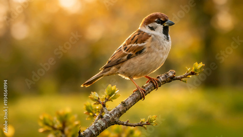 Wallpaper Mural Eurasian tree sparrow perched on a budding tree branch during golden hour. Torontodigital.ca