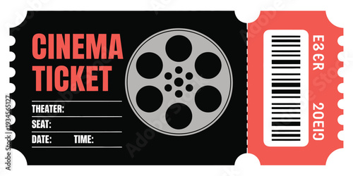 Cinema Ticket with Film Reel and Barcode Isolated on White Background Featuring Classic Movie Entertainment Admission Design Illustration