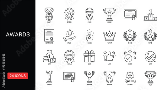 Set of 24 Awards and Trophy Icons, Achievement Medals, Winner Prize Symbols, Success Badges for Business Recognition, Sports Excellence,