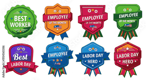 Collection of colorful employee recognition badges and labor day hero labels on white background