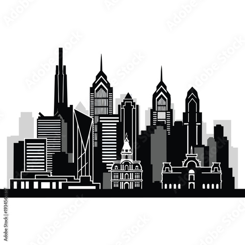 Vector illustration of the Philadelphia skyline in black and gray tones, featuring iconic skyscrapers and buildings. Great for city guides, travel brochures, and urban planning