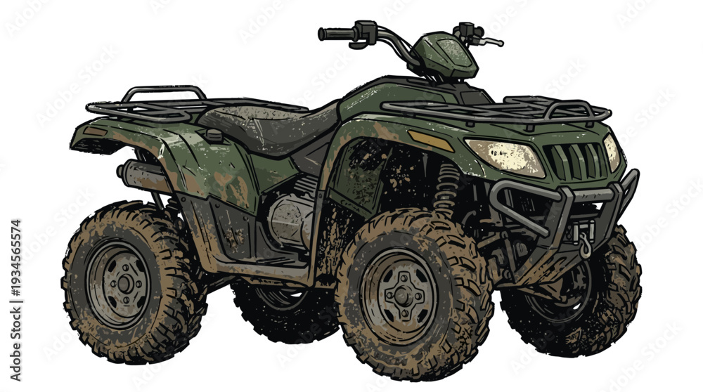 Fototapeta premium Green ATV Quad Bike Off Road Muddy Tires White Background