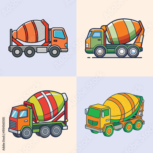 Cement mixer trucks in different colors and designs vector illustration