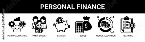 Personal Finance web banner icon vector illustration concept with icons of personal finance, family budget, savings, budget, money allocation, and planning.