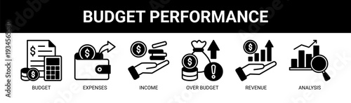Budget Performance web banner icon vector illustration concept with icons of budget, expenses, income, over budget, revenue, and analysis.