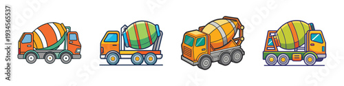 Colorful cement mixer trucks in different positions vector illustration