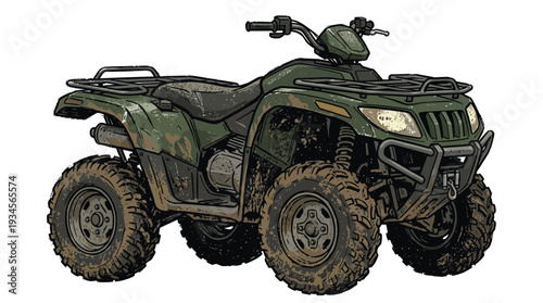 Green ATV Quad Bike Off Road Muddy Tires White Background