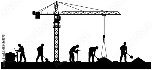 Construction site with crane and workers silhouette