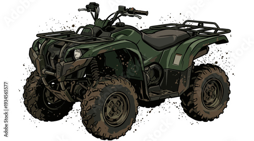Green All-Terrain Vehicle with Mud Splatter Isolated on White