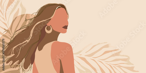 A minimalist illustration of a woman with tropical foliage background