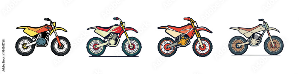 Fototapeta premium Four dirt bikes in different colors vector illustration, flat design graphics