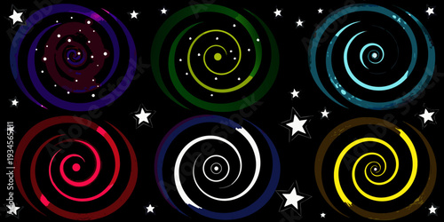 Colorful spiral galaxies and stars against a dark cosmic background