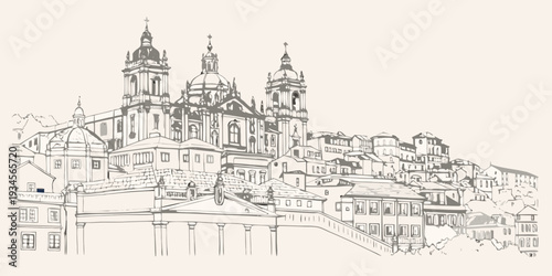 Detailed sketch of a grand baroque church overlooking a hillside town
