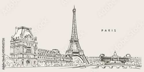 A vintage style sketch of the eiffel tower and parisian architecture