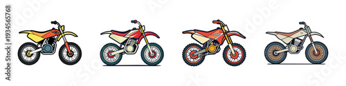 Four dirt bikes in different colors vector illustration, flat design graphics