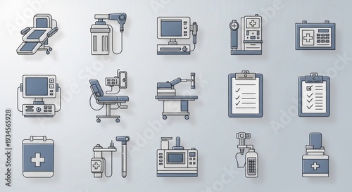Line art illustration of various medical equipment on a gradient background