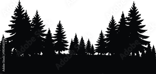 Pine forest silhouette landscape isolated on white background