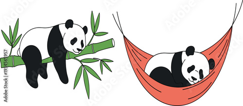 Cute Panda Cartoon Illustration Set with Bamboo Tree Branch and Sleeping Bear in Hammock Flat Vector Collection.