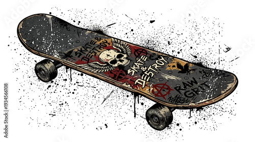 Skateboard with skull and wings graphic, grunge style