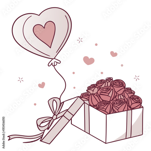 A heart shaped balloon tied to a gift box filled with roses