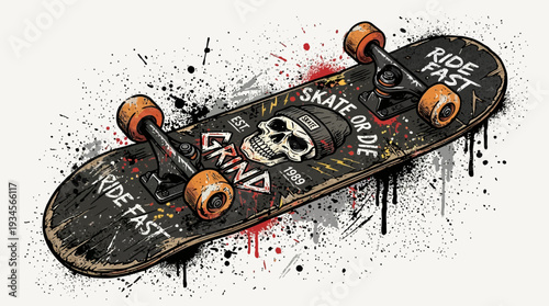 Skateboard with skull graphic, paint splatters, and motivational text.